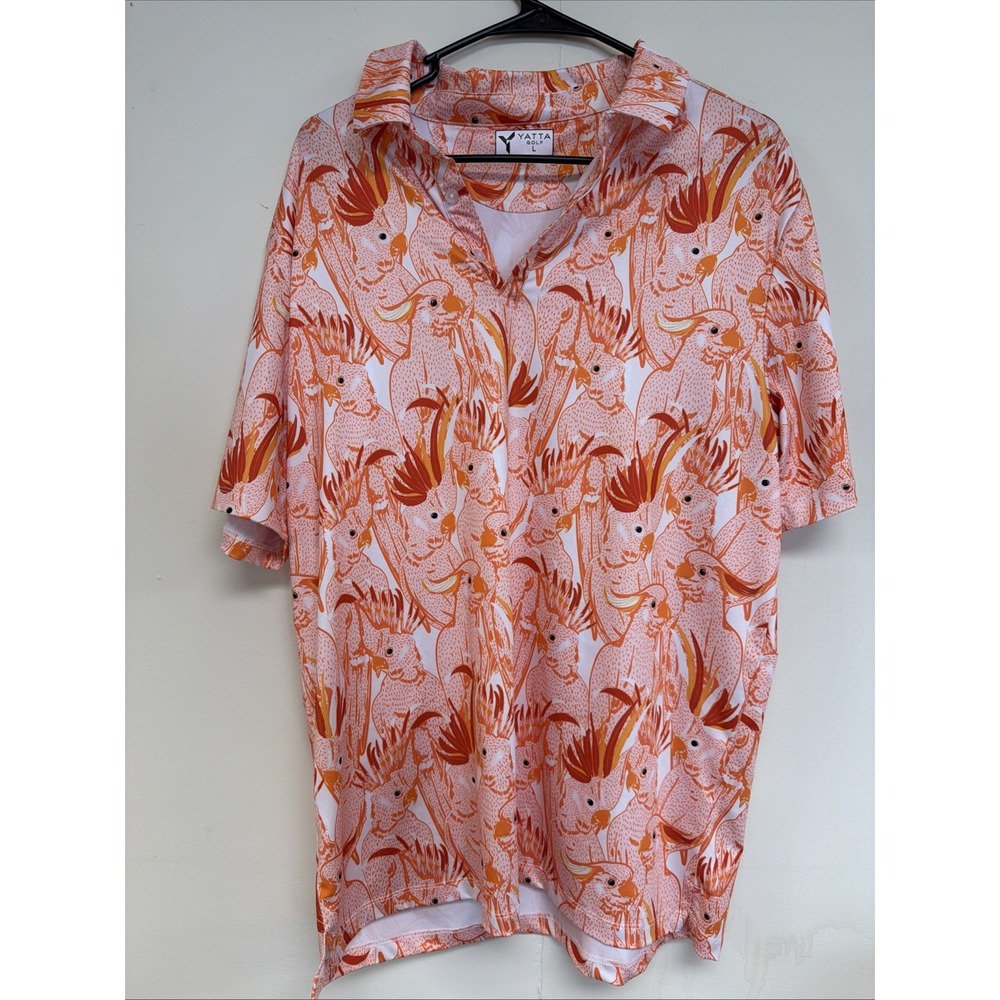 Yatta Golf Men's Orange/White Cockatoo Graphic Polo Short Sleeve Large